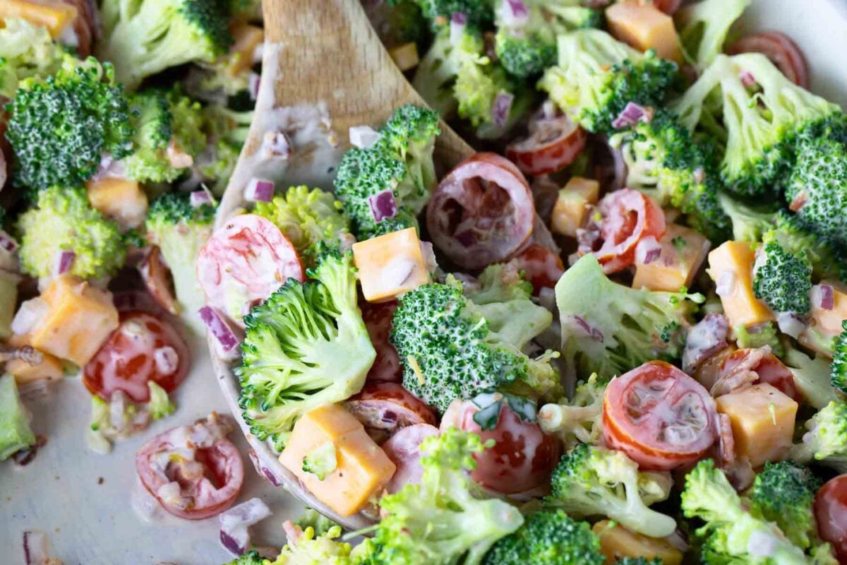 close-up of broccoli salad on a spoon