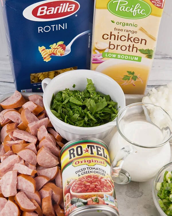 ingredients to make spicy sausage skillet in one pan