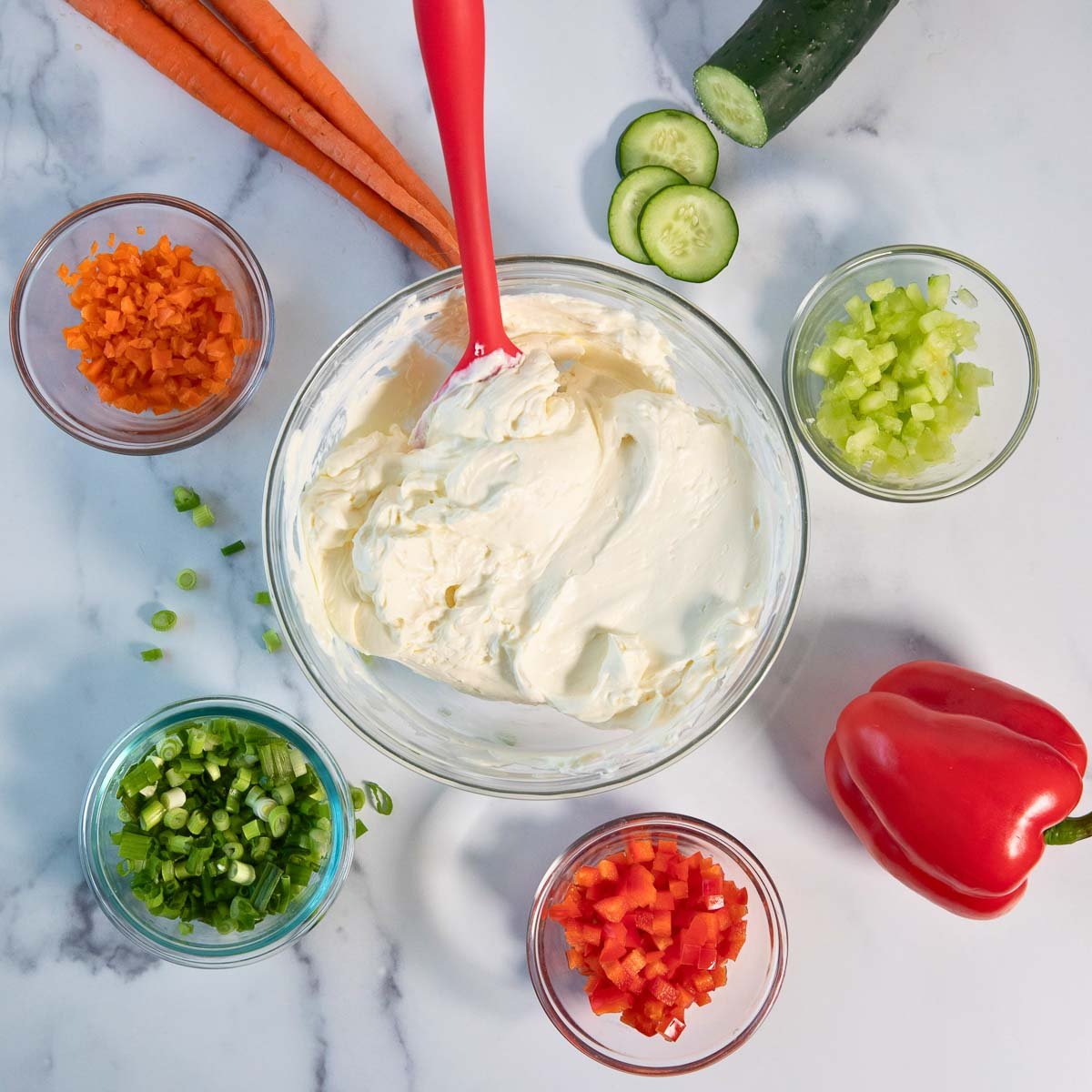 ingredients you will need to make an easy DIY veggie cream cheese at home