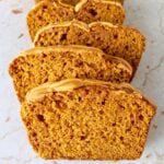 pumpkin butterscotch bread made with butterscotch pudding cut into slices