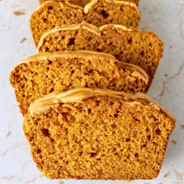 pumpkin butterscotch bread made with butterscotch pudding cut into slices