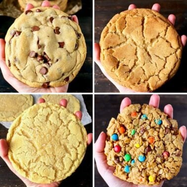 4 giant bakery-style cookie recipes including chocolate chip, snickerdoodle, sugar and monster cookie recipes.