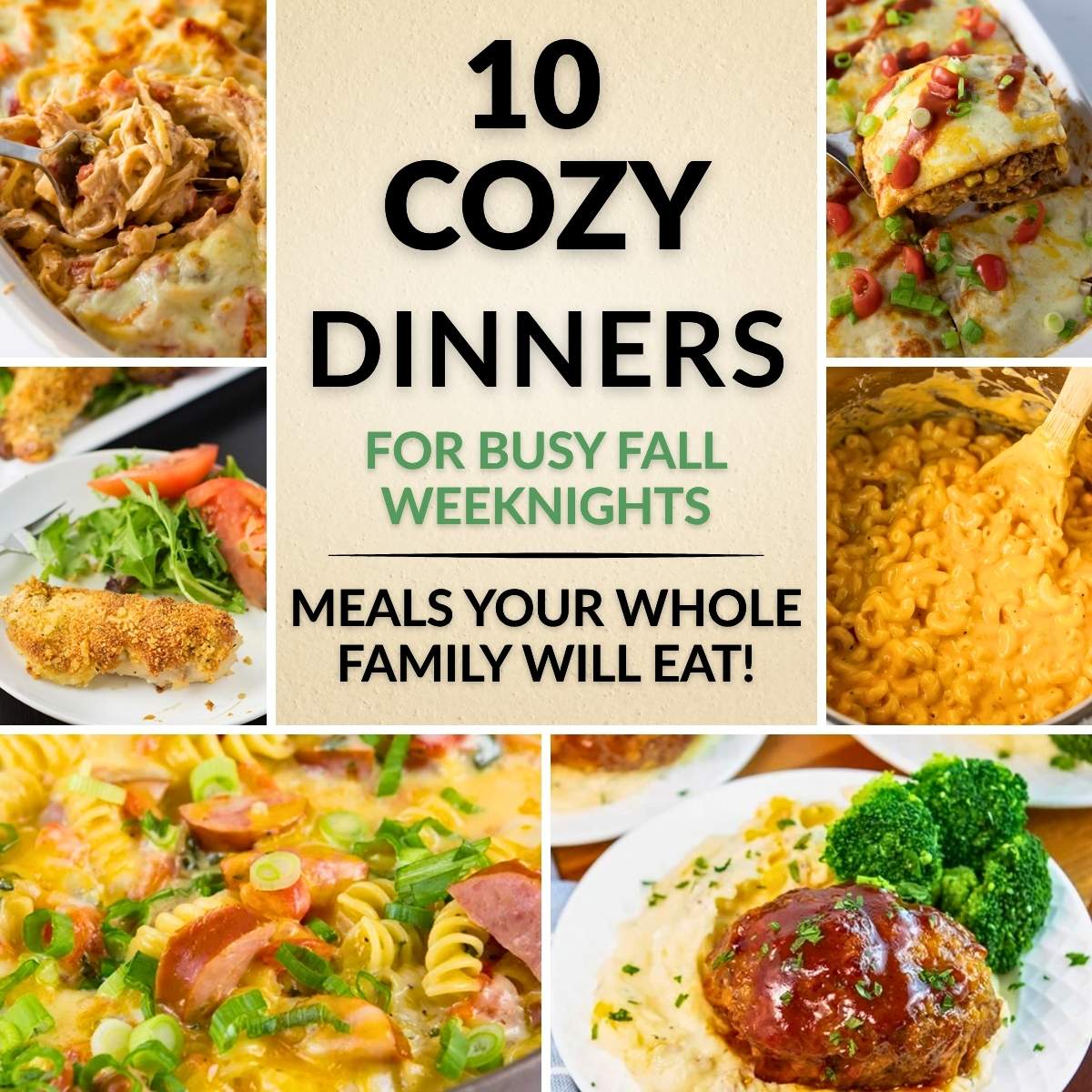 10 cozy fall dinners for busy weeknights including pasta, lasagna, chicken, meatloaf and slow cooker meals.