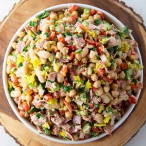 Italian bean salad tossed with salami, parmesan, vegetables, banana peppers and dressing.