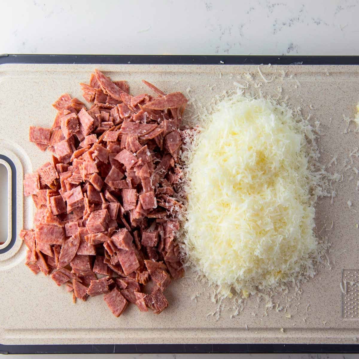 chopped salami and finely shredded parmesan cheese for dense bean salad.